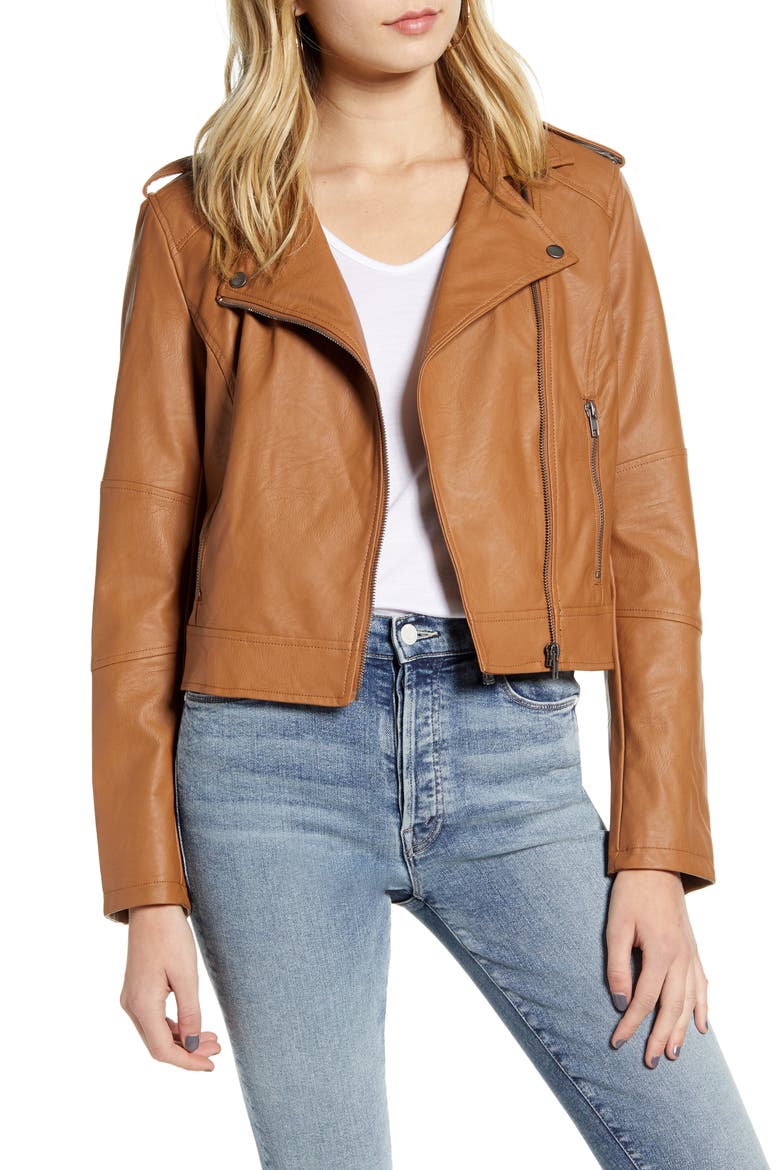 Faux Leather Moto Jacket, Main, color, DARK CAMEL