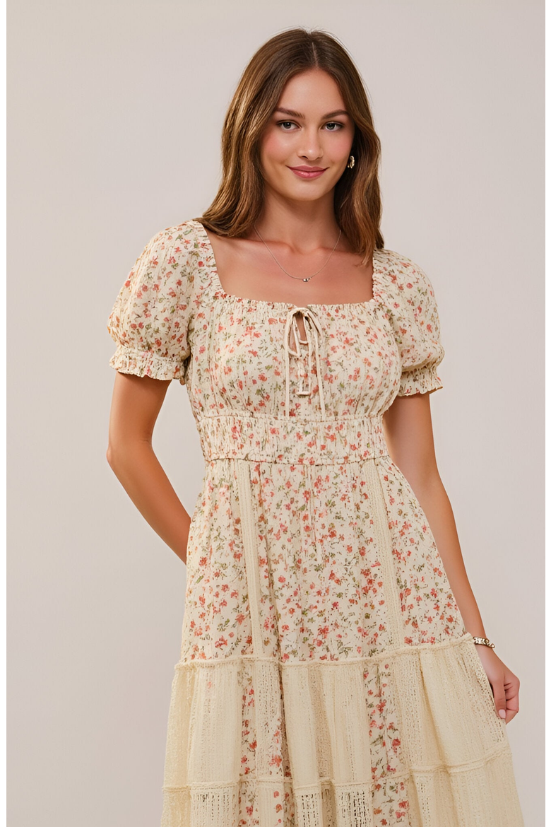 Floral Maxi Dress with Puff Sleeves Smocked Waist and Tiered Skirt, Alternate, color, Floral