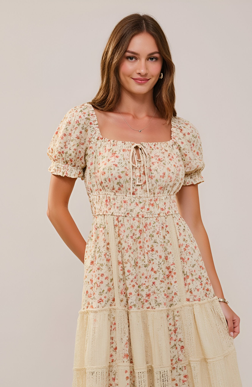 Modenaire Floral Maxi Dress With Puff Sleeves Smocked Waist And Tiered Skirt In Multi