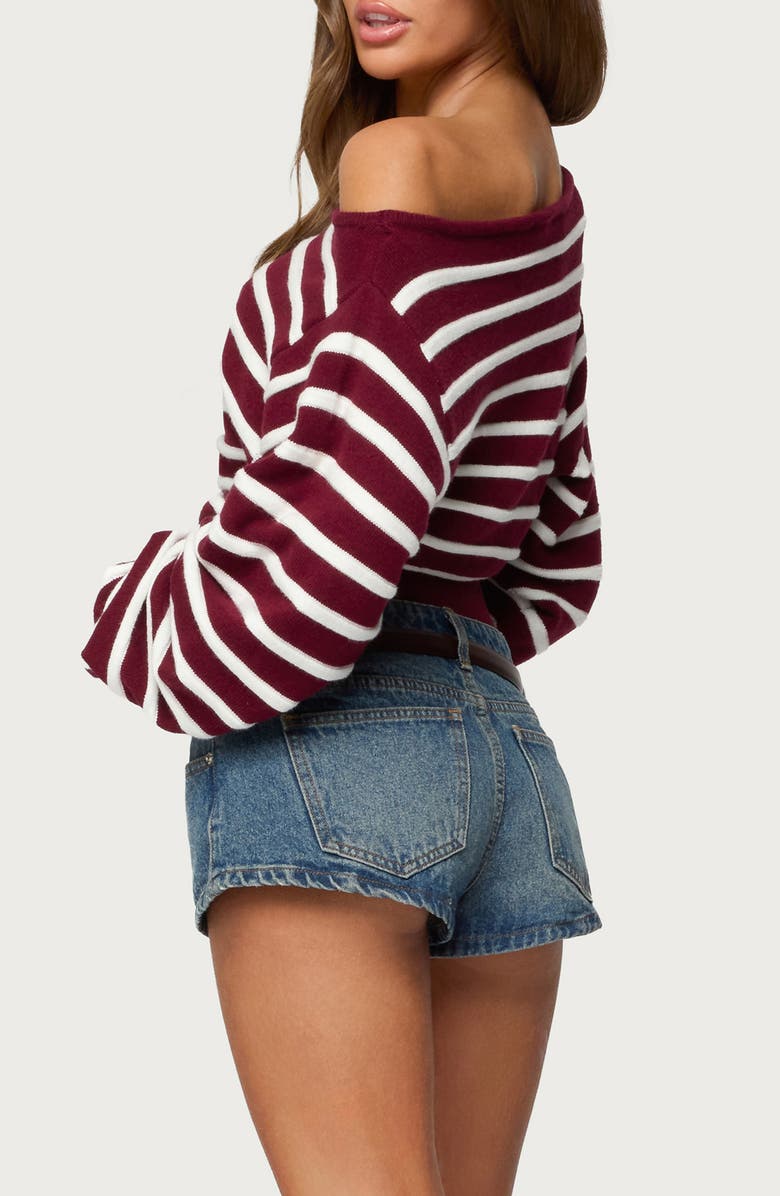 EDIKTED Mika Stripe Oversize Off the Shoulder Sweater, Alternate, color, Burgundy