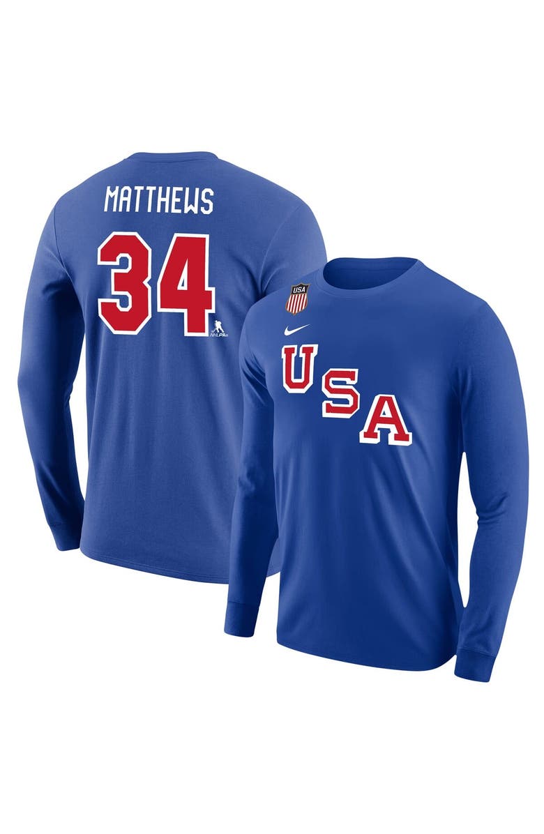 Nike Men's Nike Auston Matthews Royal US Hockey 2026 Name & Number Long Sleeve T-Shirt, Main, color, Royal