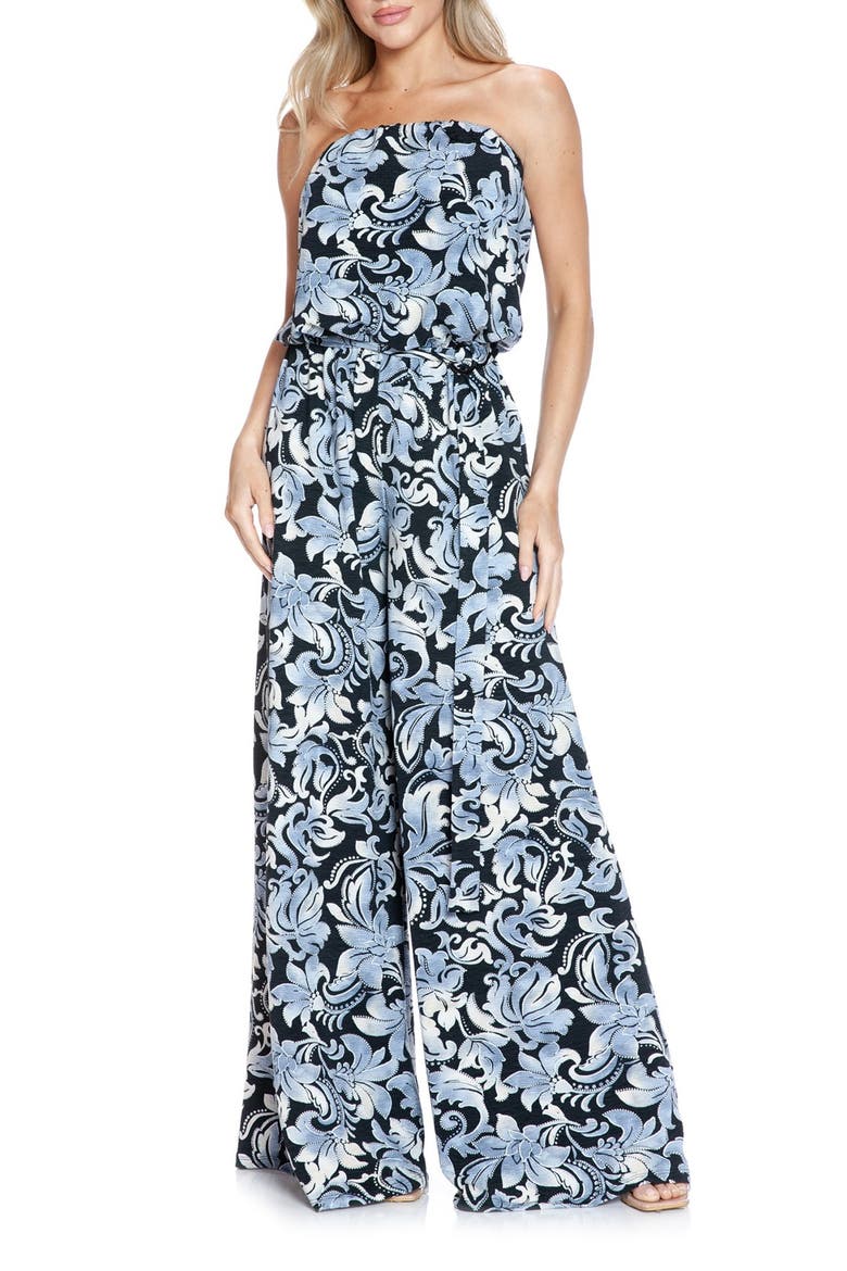 Filigree Strapless Print Wide Leg Jumpsuit, Main, color, BLUE MULTI