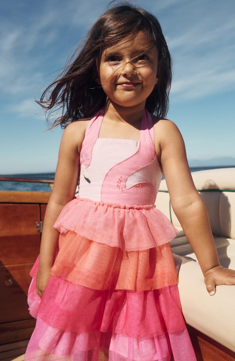 Mini Boden Kids' Flamingo Halter Neck Tiered Tulle Dress, Alternate, color, Salmon Pink Flamingo