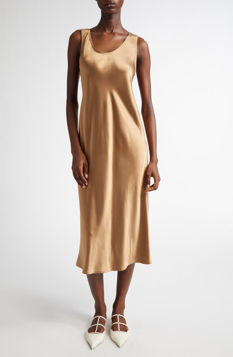 Max Mara Banjo Silk Satin Midi Dress, Main, color, Camel