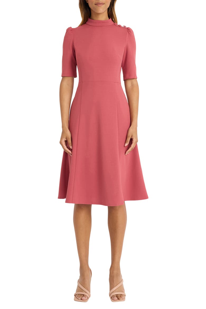 Mock Neck Button Shoulder Fit & Flare Dress, Main, color, BAROQUE ROSE