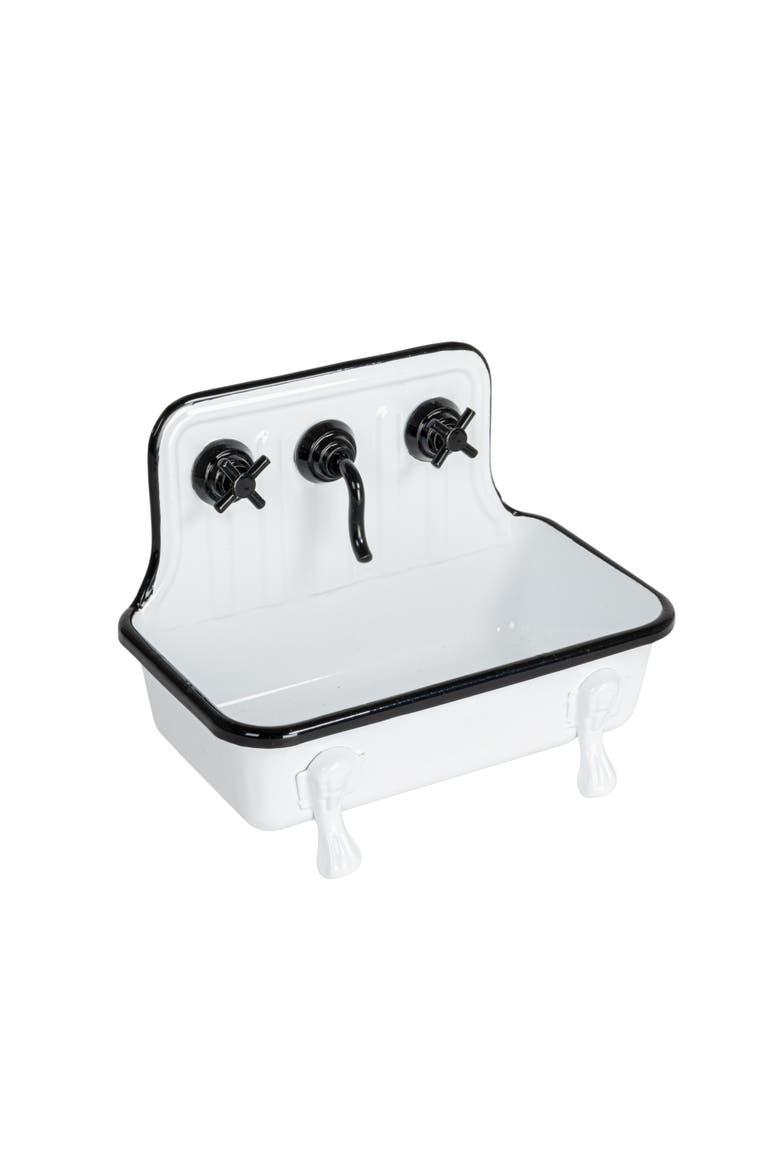 Vintage-Inspired Metal Sink Soap Dish with Faucet Design, White and Black, Main, color, White