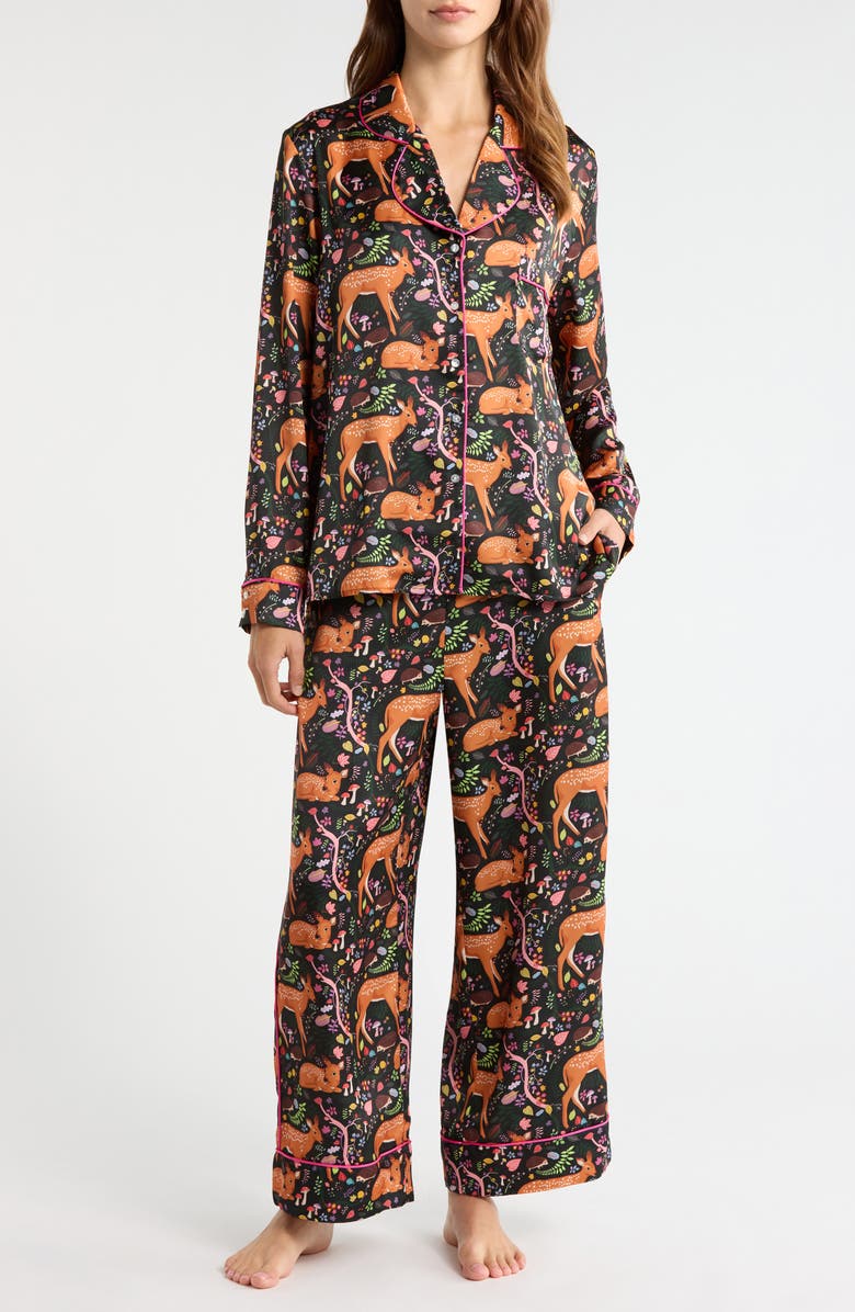 Karen Mabon Flora & Fawns Long Sleeve Pajamas, Main, color, Black