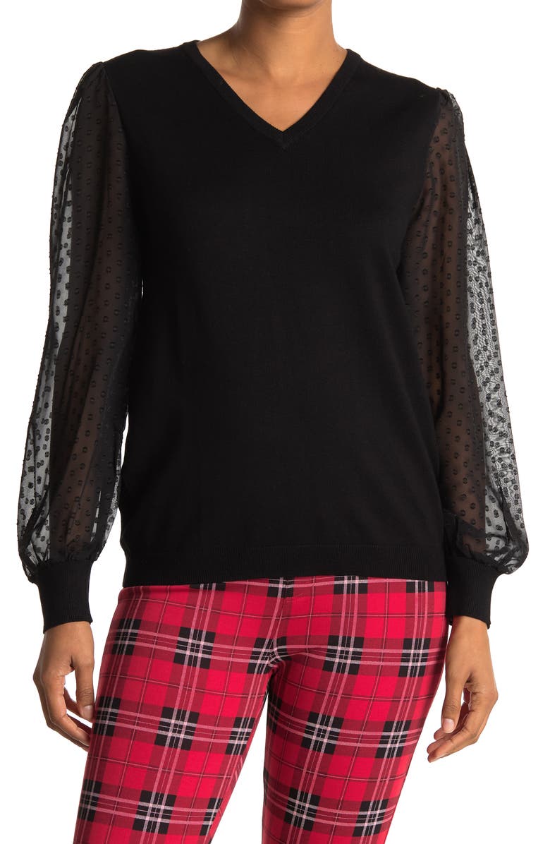 Adrianna Papell V-Neck Clip Dot Sleeve Sweater, Main, color, 