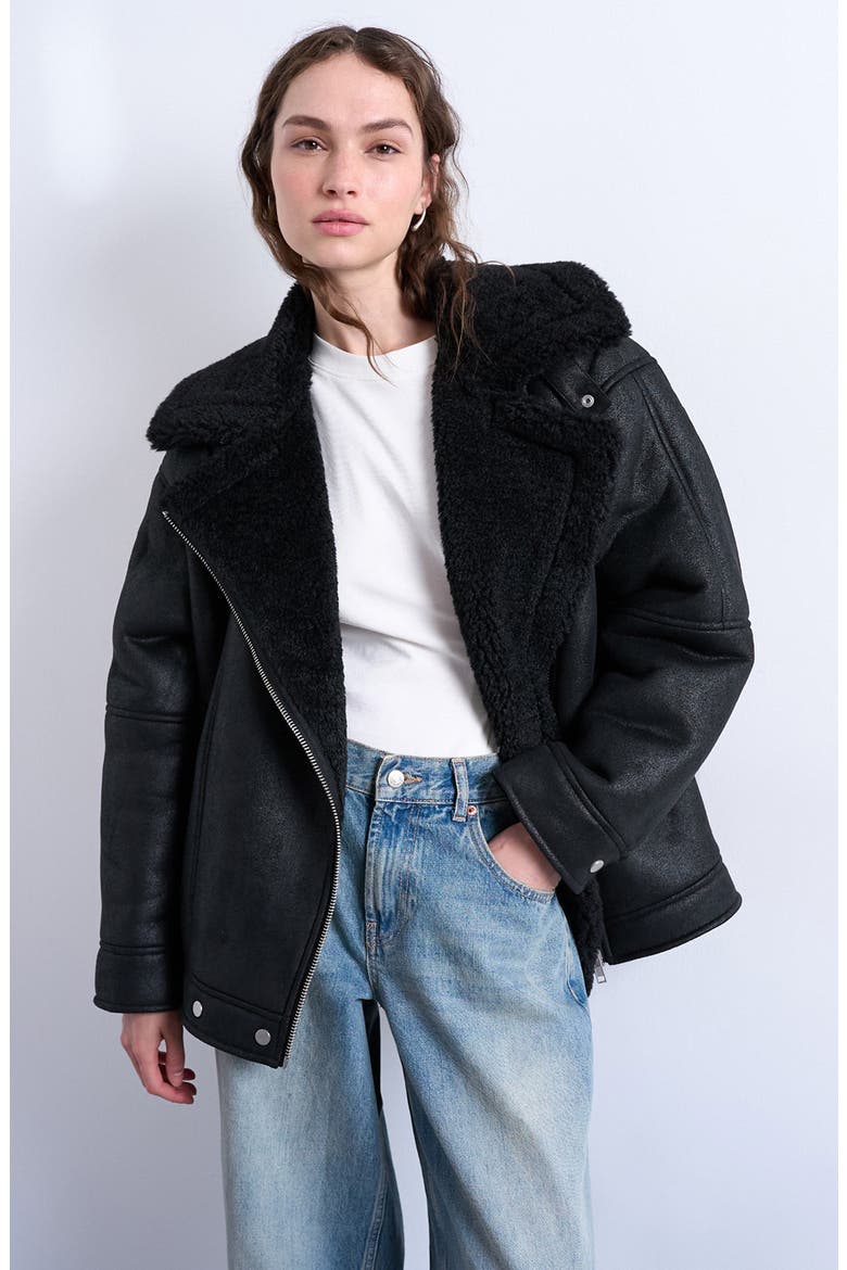 Faux Shearling Oversize Aviator Jacket, Main, color, BLACK
