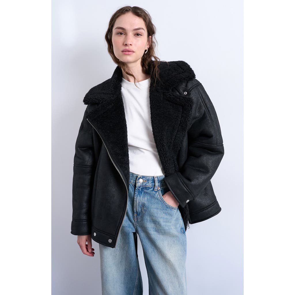 Topshop Faux Shearling Oversize Aviator Jacket In Black