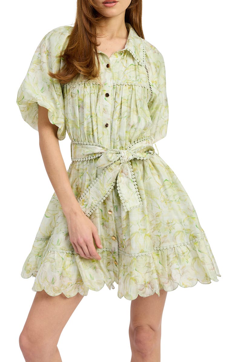 En Saison Claire Floral Bubble Sleeve Minidress, Main, color, Sage Yellow
