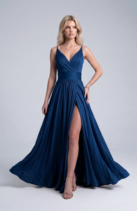 Cross Front Neck Empire Waist Satin Gown