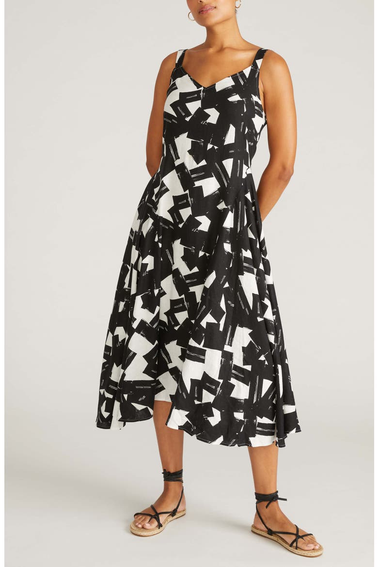 Sunshower Abstract Print Linen Blend Midi Dress, Main, color, IPANEMA PRINT IN BLACK