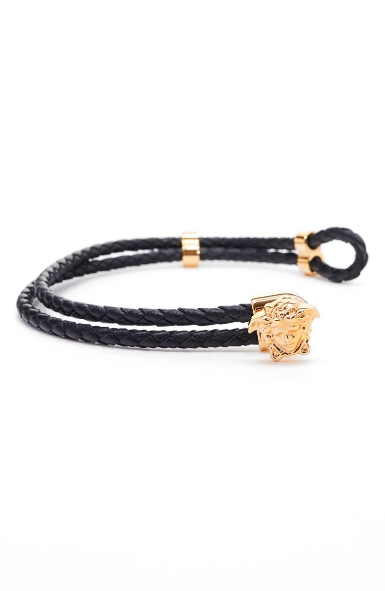 Versace Medusa Braided Leather Bracelet, Alternate, color, Black