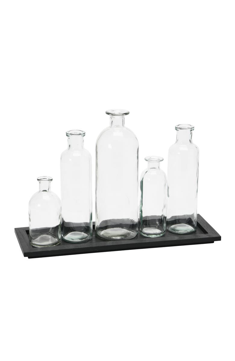 Storied Home Black Wood Tray with Glass Bottle Vases, Set of 5 Sizes, Main, color, 