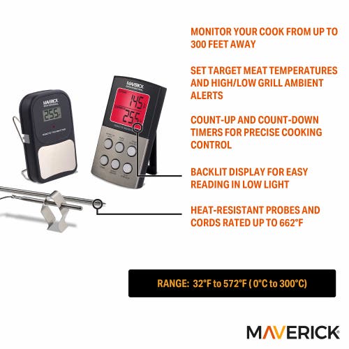 Maverick Long Range Wireless Remote Barbeque Thermometer, Dual Probe In Black