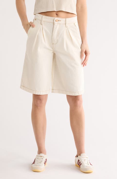 Pleated Front Denim Bermuda Shorts