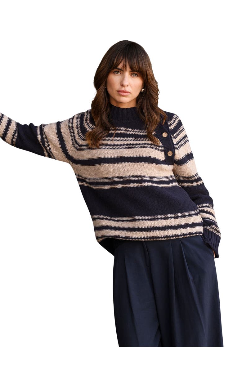 Celtic & Co. Pure Wool Stripe Button Neck Sweater, Main, color, Dark Navy / Oatmeal