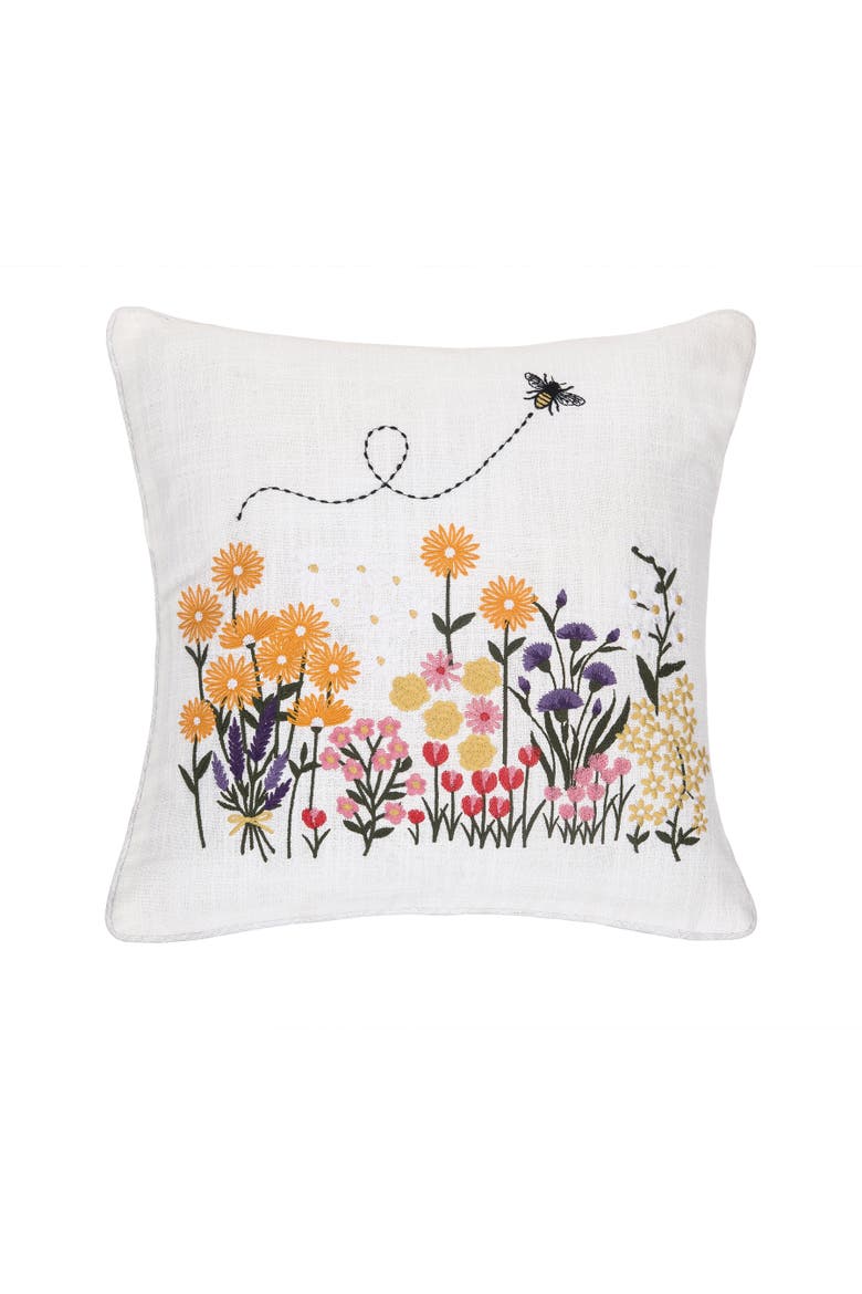 Bumble Bee & Flower Garden Embroidered Accent Throw Pillow 16" x 16", Main, color, White