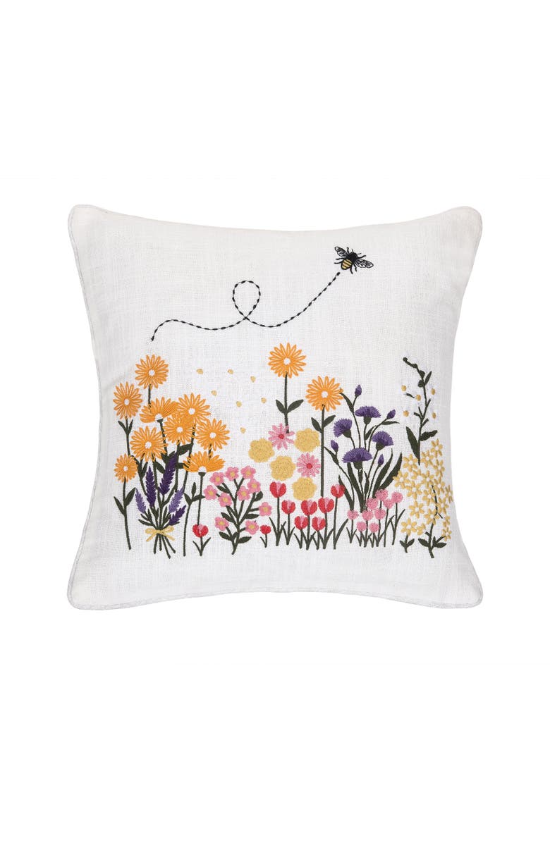C&F Home Bumble Bee & Flower Garden Embroidered Accent Throw Pillow 16" x 16", Main, color, White