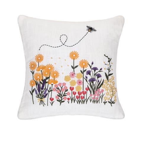 Bumble Bee & Flower Garden Embroidered Accent Throw Pillow 16" x 16"