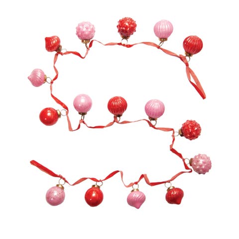 Embossed Mercury Glass Ornament Garland with Velvet Ribbon, Pink and Red