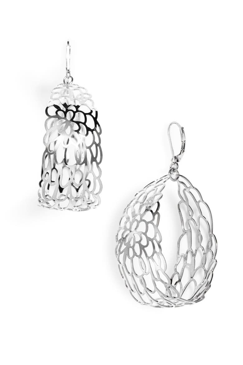 'Etchings' Floral Cutout Hoop Earrings, Main, color, SILVER