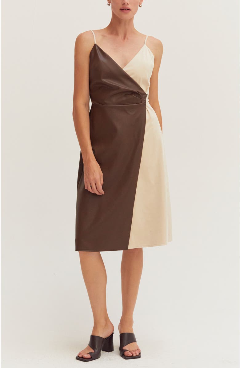 CRESCENT Mixed Media Wrap Midi Dress, Main, color, Brown/Bone