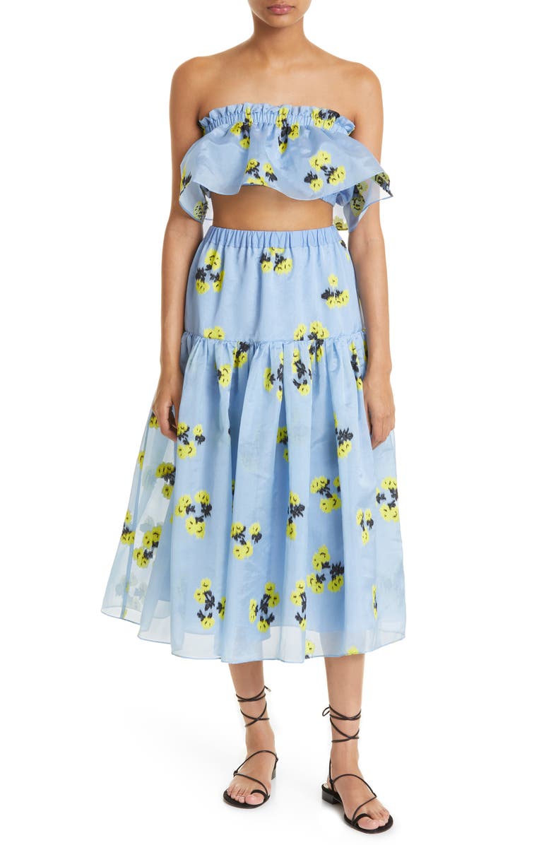 Tanya Taylor Zoya Strapless Floral Print Ruffle Top, Alternate, color, Summer Blossom Oxford Blue