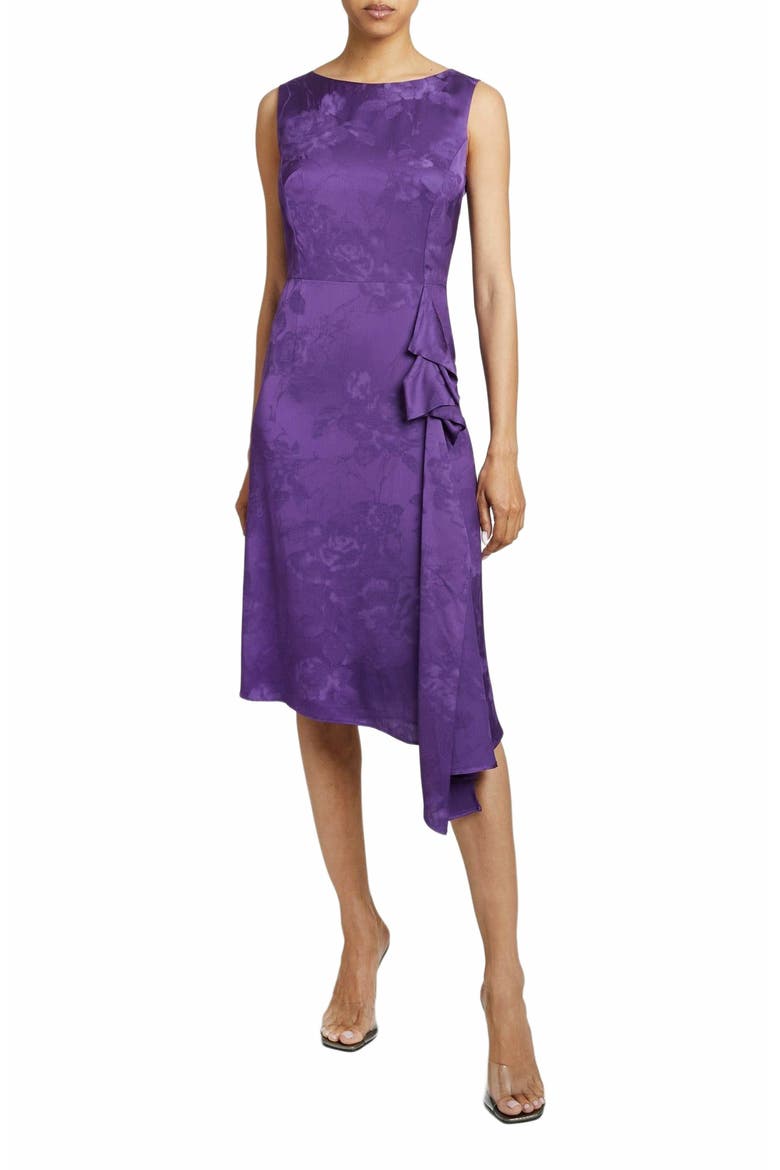 NICA Sleeveless Dress with Side Ruffle in Tonal Satin Jacquard, Main, color, COOL PURPLE
