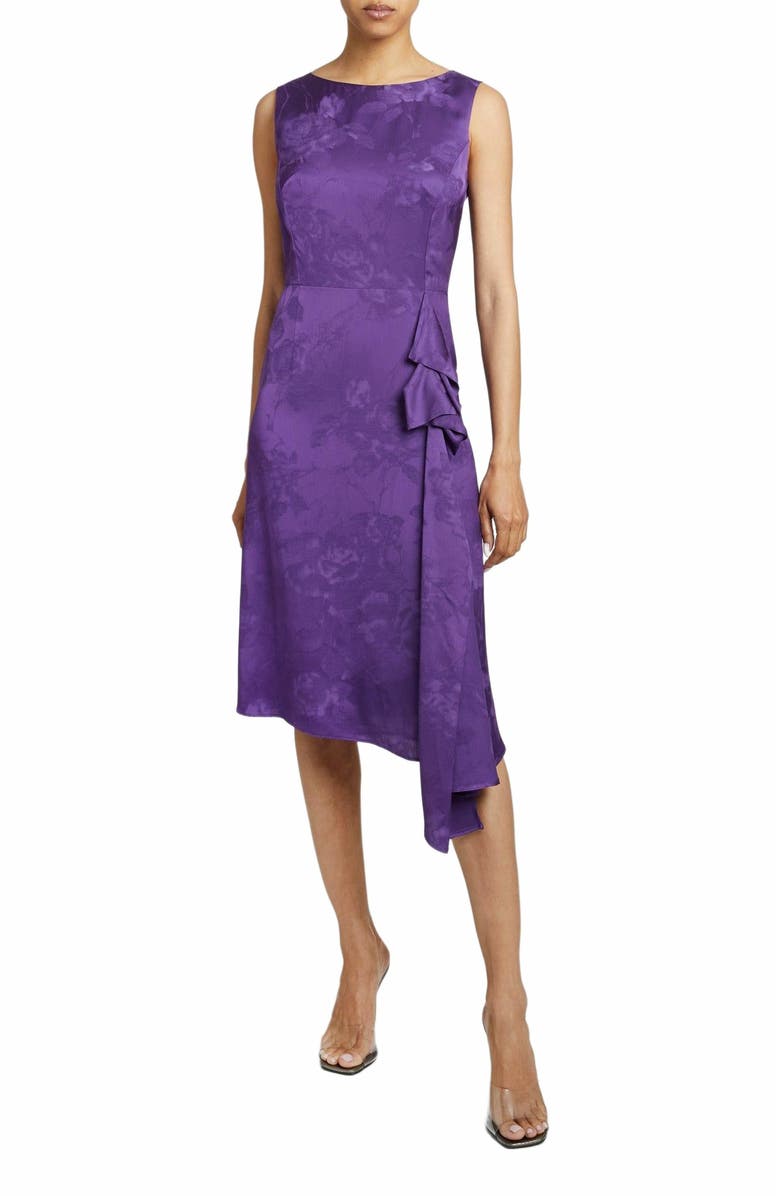 Santorelli NICA Sleeveless Dress with Side Ruffle in Tonal Satin Jacquard, Main, color, 