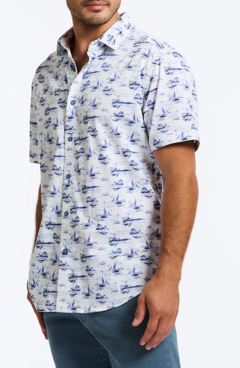 Robert Graham Alboran Sailboat Print Short Sleeve Cotton Button-Up Shirt, Alternate, color, Blue