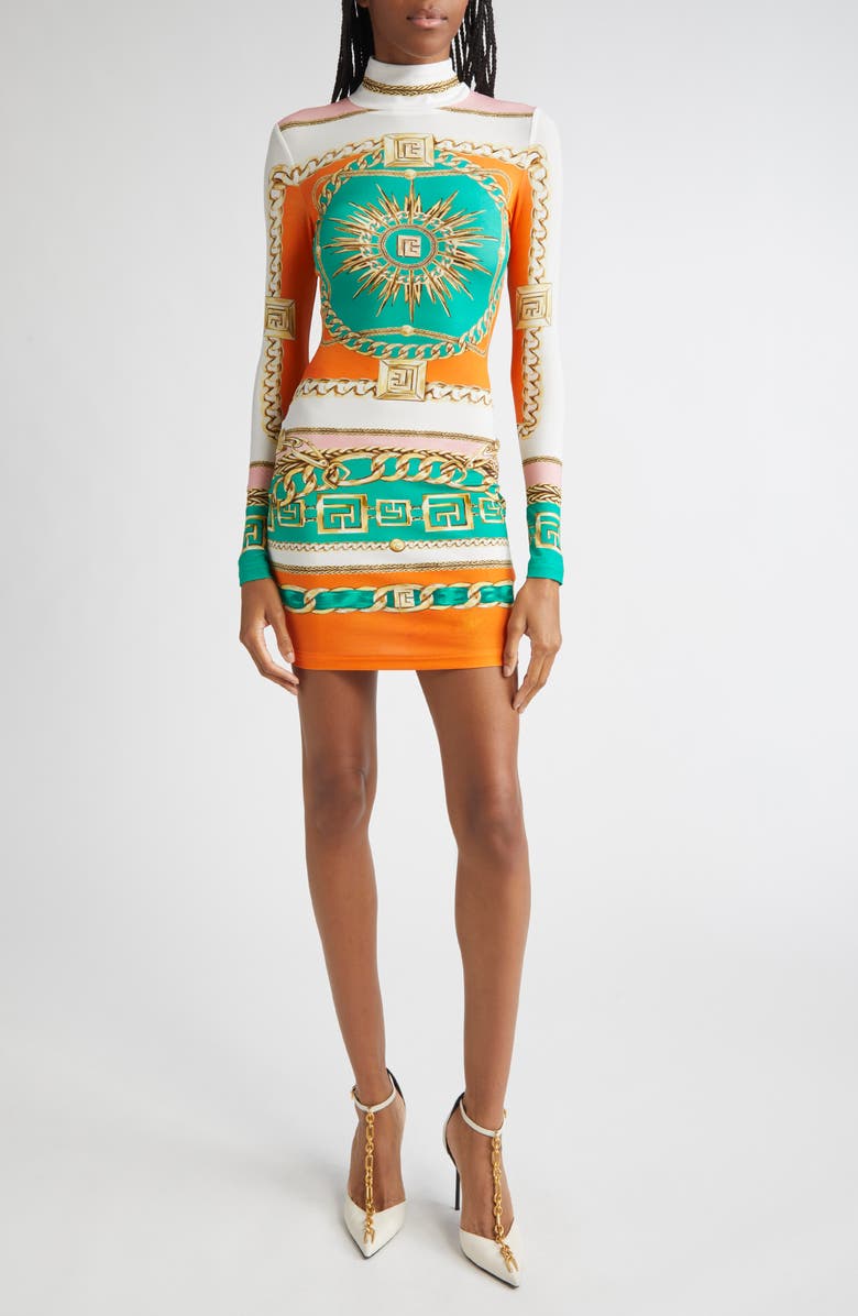 Balmain Foulard Print Long Sleeve Body-Con Minidress, Main, color, Aaa Multi