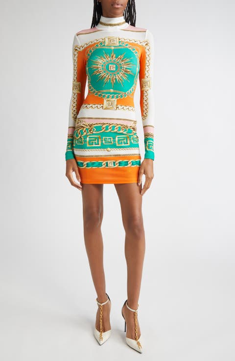 Foulard Print Long Sleeve Body-Con Minidress