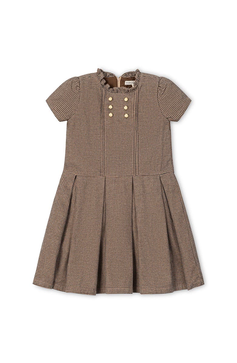 Hope & Henry Kids' Organic Ruffle Collar Pintuck Drop Waist Dress, Main, color, Camel Houndstooth