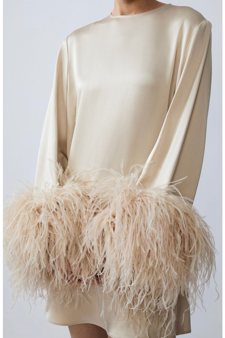 Satin Shift Dress With Feathers, Alternate, color, Sand