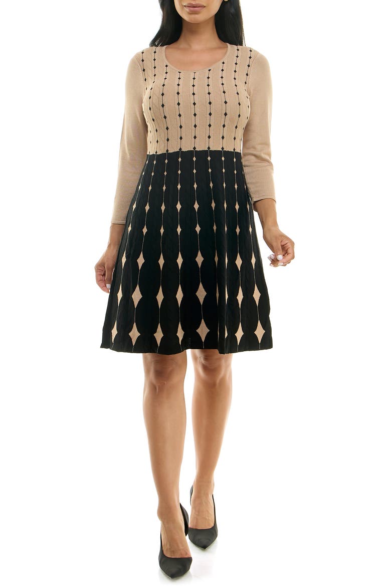 Two-Tone Fit & Flare Sweater Dress, Main, color, TAN/ BLACK