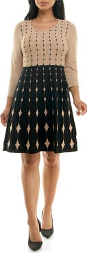 Nina Leonard Two-Tone Fit & Flare Sweater Dress