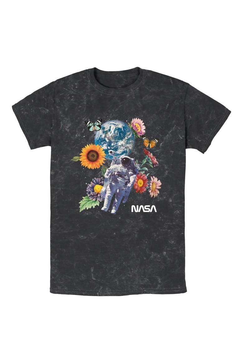 Mens NASA Floral Astronaut in Space T Shirt, Main, color, Black
