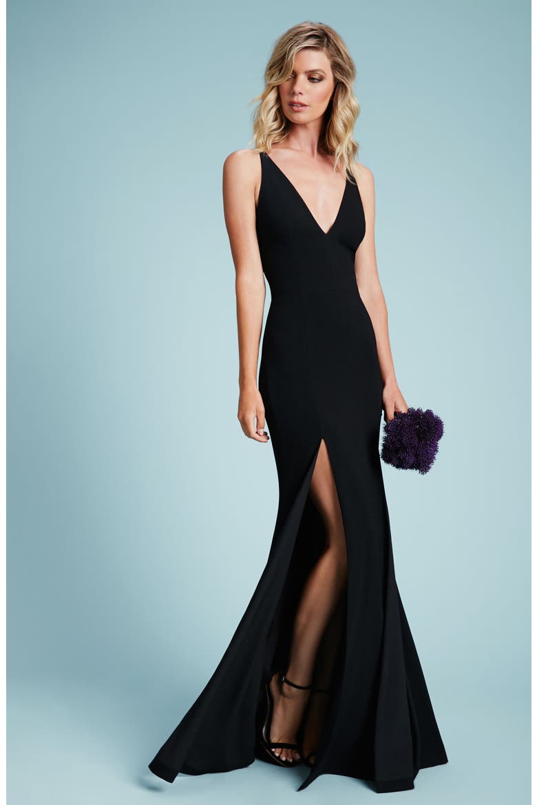 Iris Slit Crepe Gown, Alternate, color, BLACK