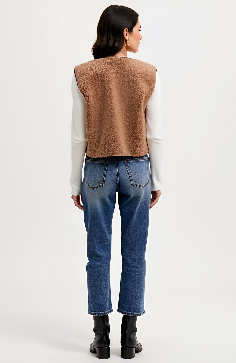 Modenaire Faux Shearling Contrast-Trim Tie-Front Vest, Alternate, color, Faux Shearling