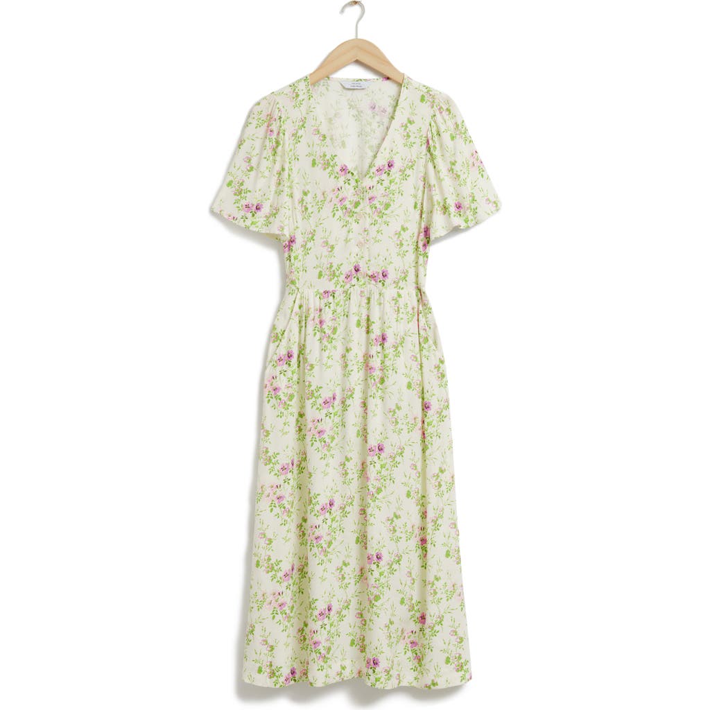 & Other Stories Floral Flutter Sleeve Dress In Multi