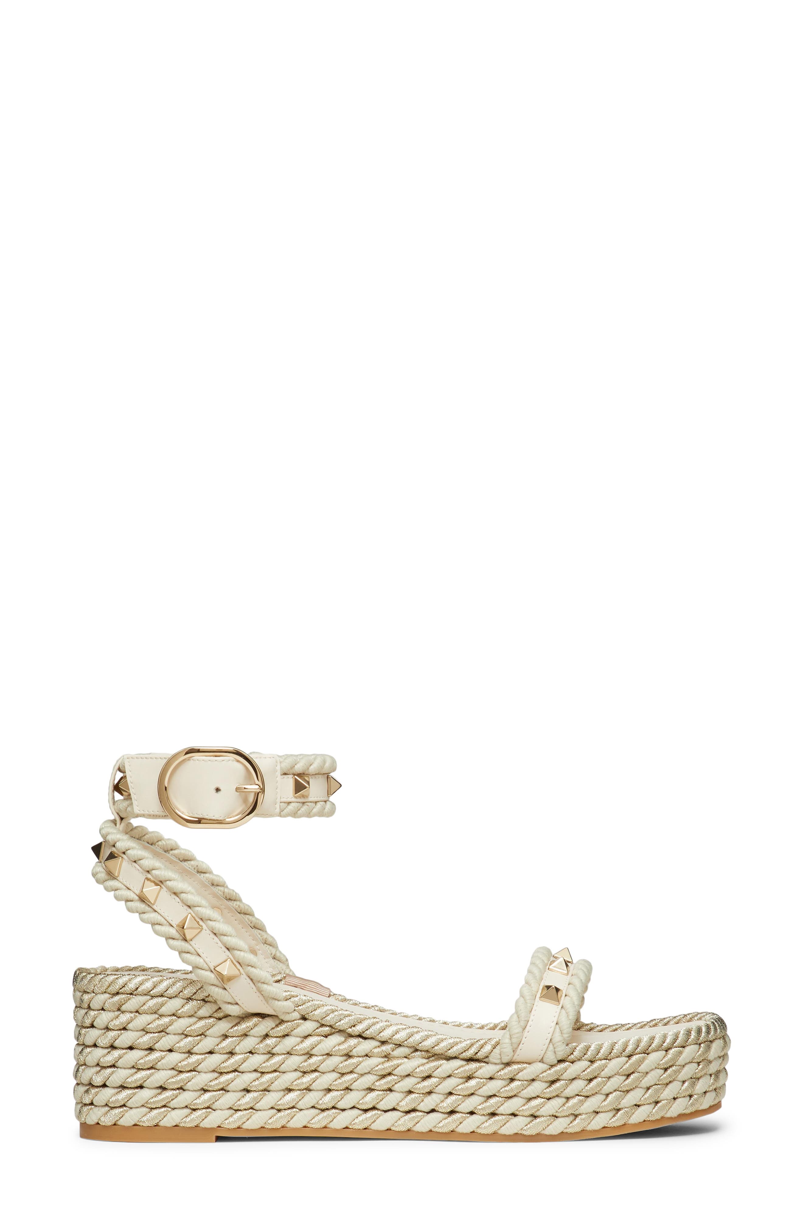 Valentino Garavani Rockstud Flatform Espadrille Sandal, Alternate, color, Light Ivory