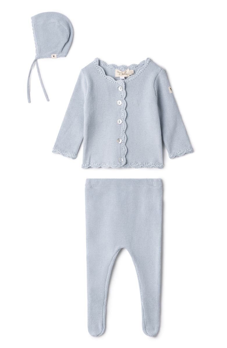 Bebe Bella Boy Crochet Trim 3 Piece Knit Top, Pants and Bonnet Set, Main, color, Blue