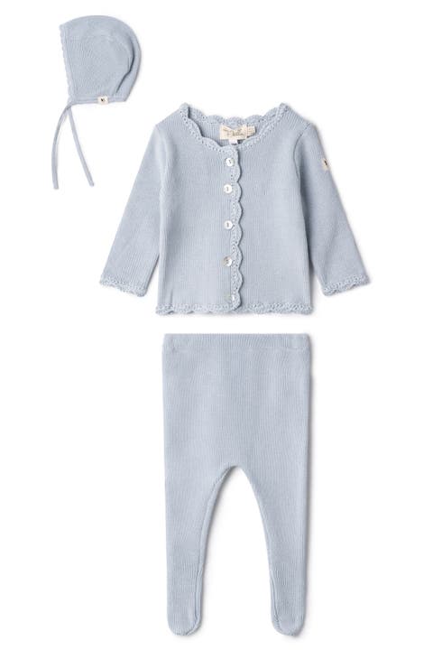 Boy Crochet Trim 3 Piece Knit Top, Pants and Bonnet Set (Toddler)
