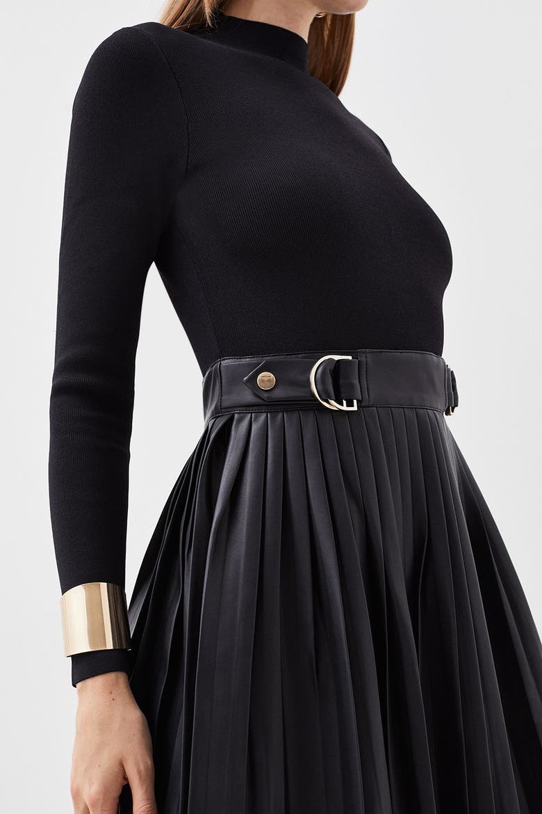 Knitted Top Pleated Skater Dress, Alternate, color, Black