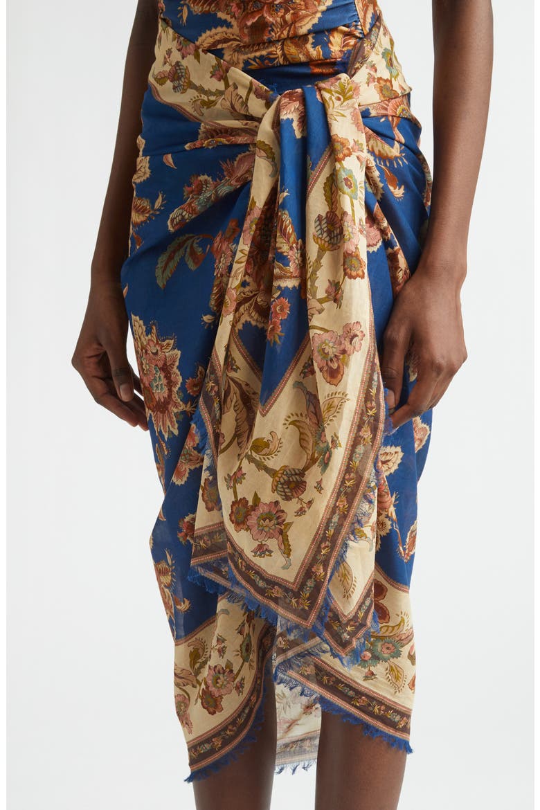 Floral Paisley Frayed Cotton Pareo, Alternate, color, NAVY JACOBEAN