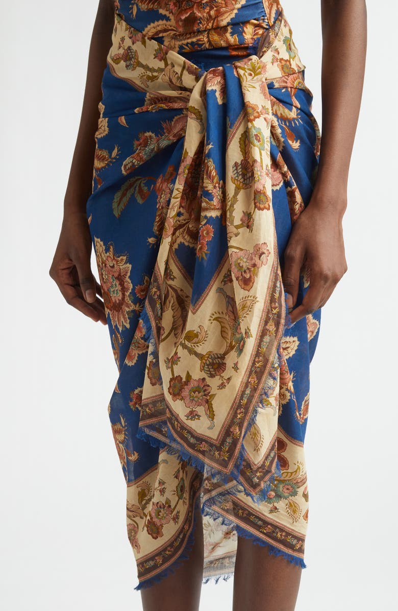 Zimmermann Floral Paisley Frayed Cotton Pareo, Alternate, color, Navy Jacobean