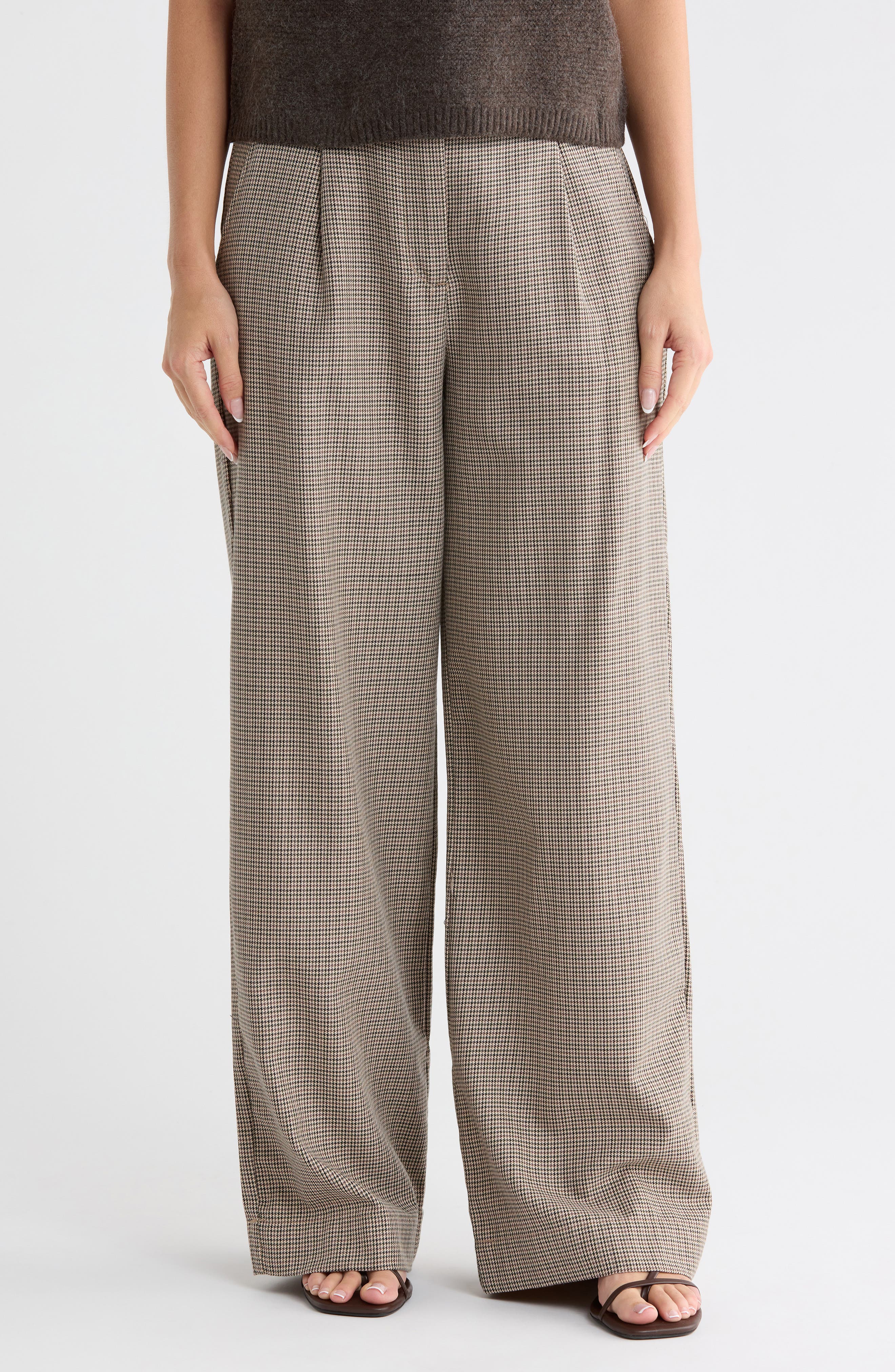 Plaid Pleat Front Wide Leg Trousers