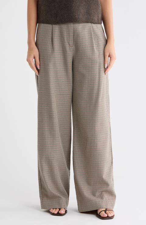 Plaid Pleat Front Wide Leg Trousers